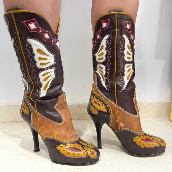 Dolce&Gabbana D&G ウエスタンブーツ　刺繍　ハラコ　ブラウン Dolce&Gabbana D&G ウエスタンブーツ 刺繍 ハラコ ブラウン